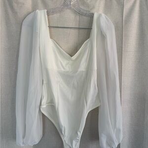 Elegant White Bodysuit with Sheer Sleeves